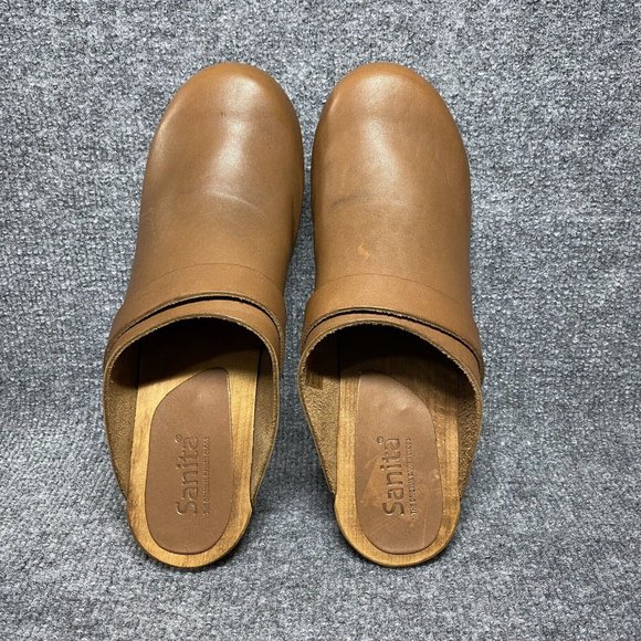 Sanita Wooden Leather Clogs Womens 41 / US 10 Brown Mules Danish Heeled Shoes - Picture 5 of 11